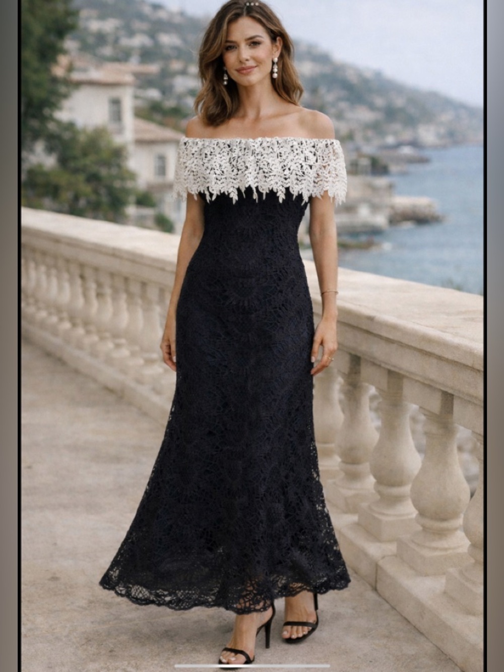 TAHARI Arthur S Levine black lace off‎ shoulder mermaid dress gown maxi size 6